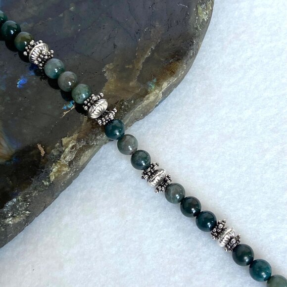 Sterling Silver 925 Round Green Moss Agate Beaded Bracelet Sz 6.75" - Picture 6 of 16